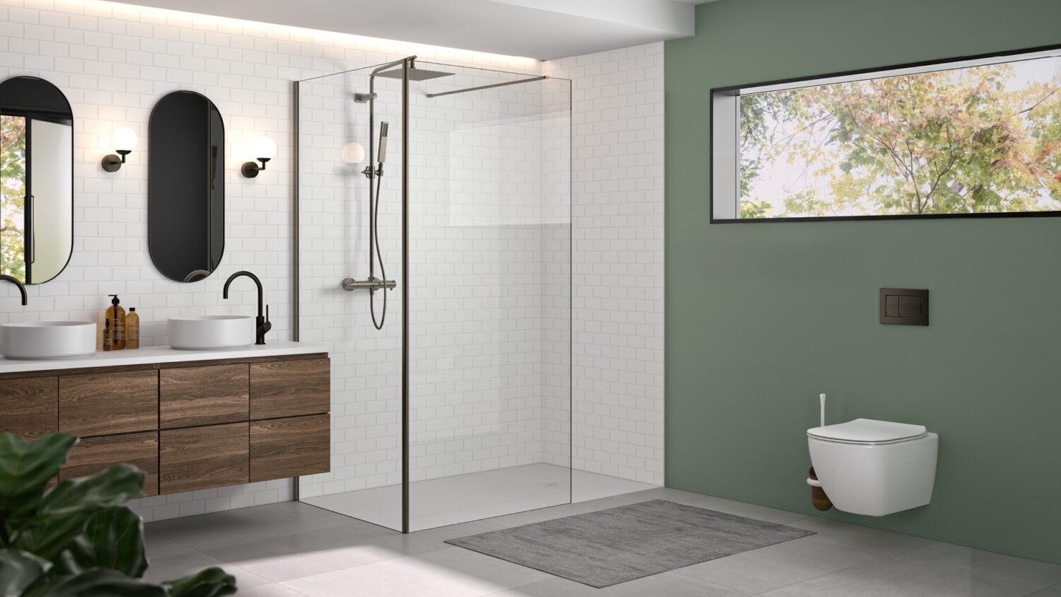 Duschwand Solo Design mit Rückwand in einem offenen Duschbereich