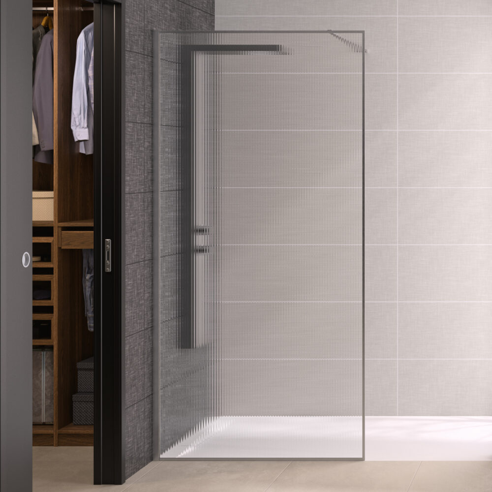 Produktbild Duschwand Solo Design+ mit Dekorglas Flutes und Profil in gebürstetem Edelstahl