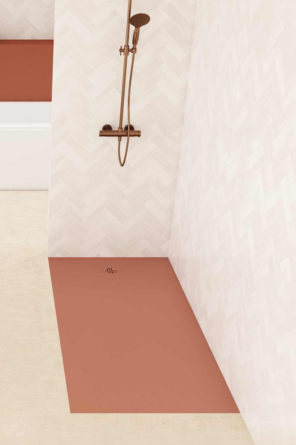 Duschwanne Kinesurf Nova terracotta in einem offenen Duschbereich eingebaut